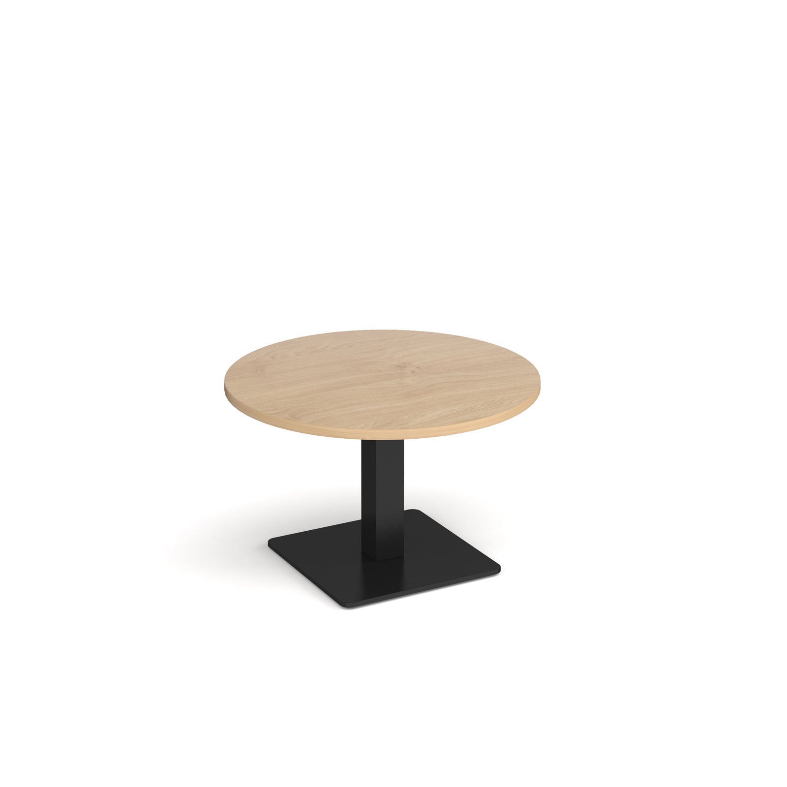 A modern round coffee table with a wood-effect top and a square black pedestal base, shown on a plain white background.