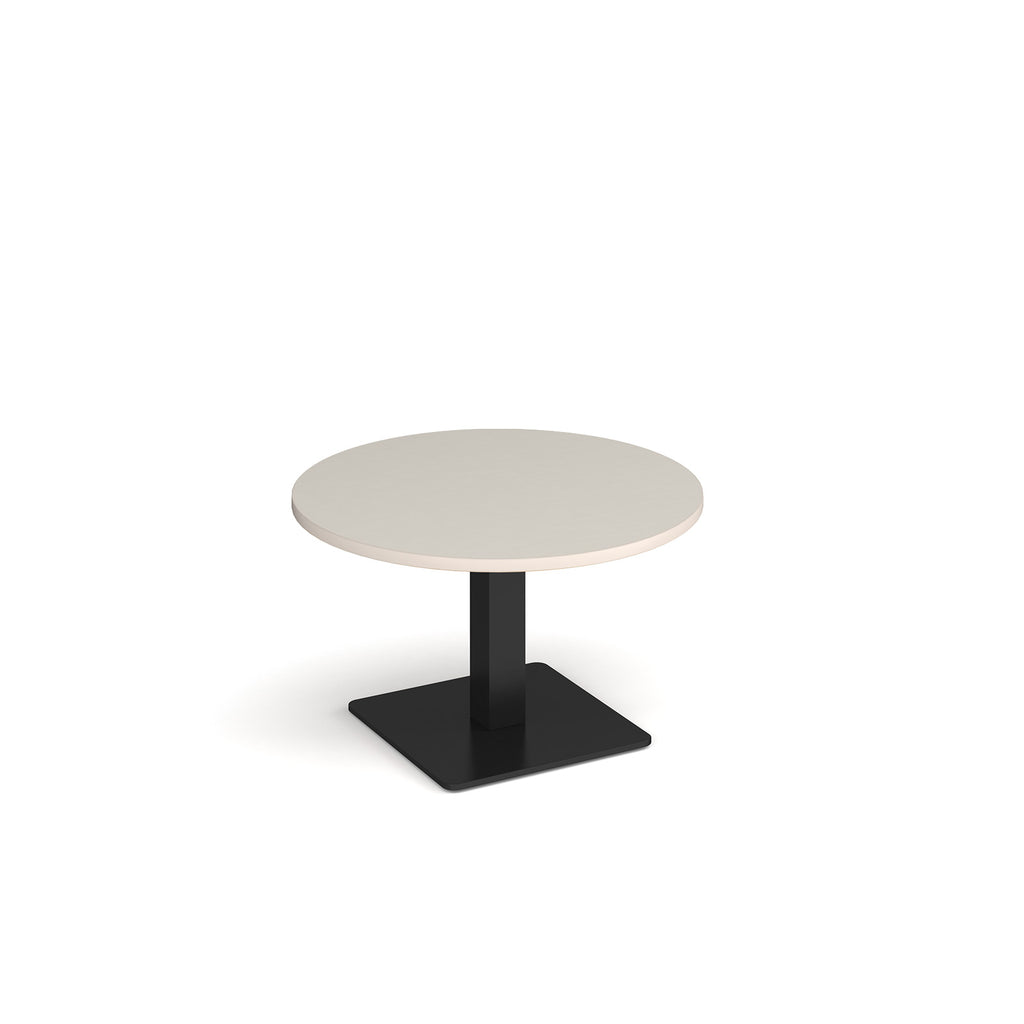 A modern round coffee table with a light grey top and a square black pedestal base, shown on a plain white background.