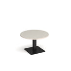 A modern round coffee table with a light grey top and a square black pedestal base, shown on a plain white background.