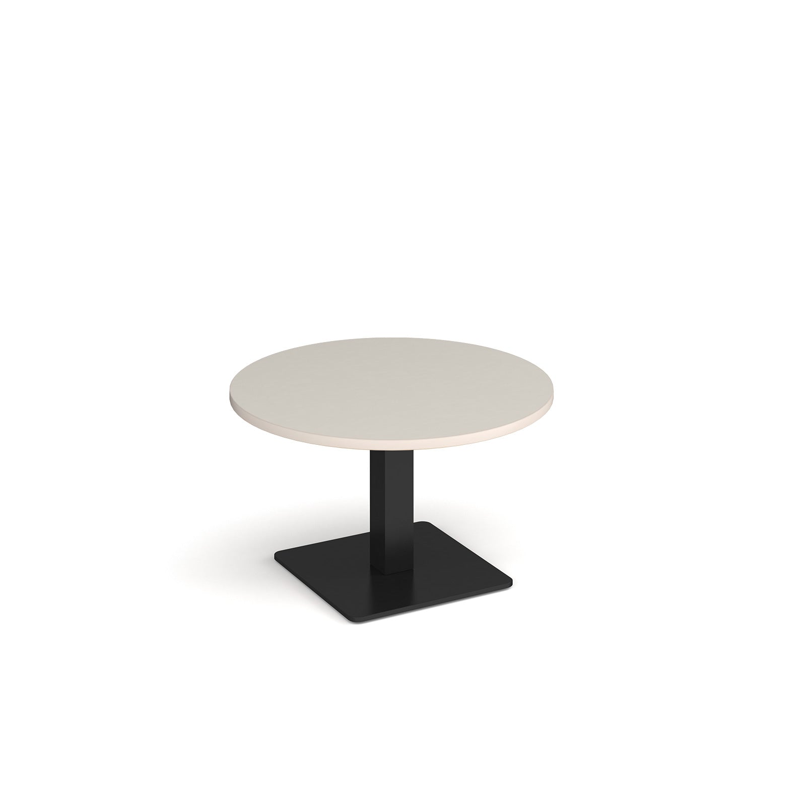A modern round coffee table with a light grey top and a square black pedestal base, shown on a plain white background.