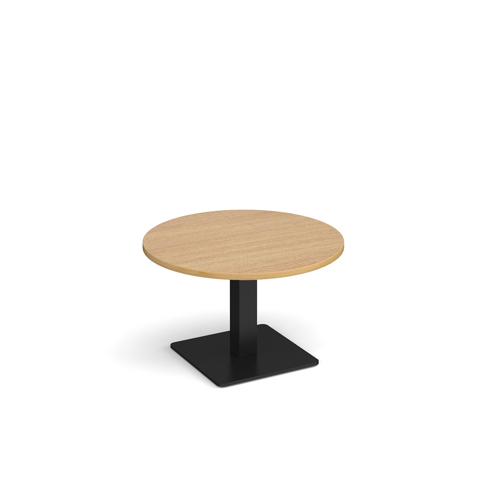 A modern round coffee table with a wood-effect top and a square black pedestal base, shown on a plain white background.
