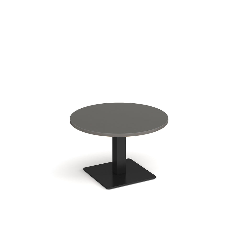 A modern round coffee table with a grey top and a square black pedestal base, shown on a plain white background.