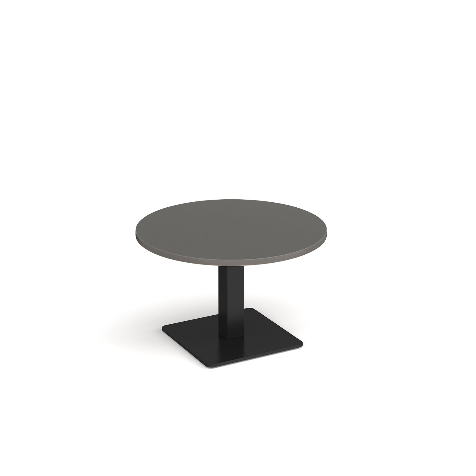 A modern round coffee table with a grey top and a square black pedestal base, shown on a plain white background.