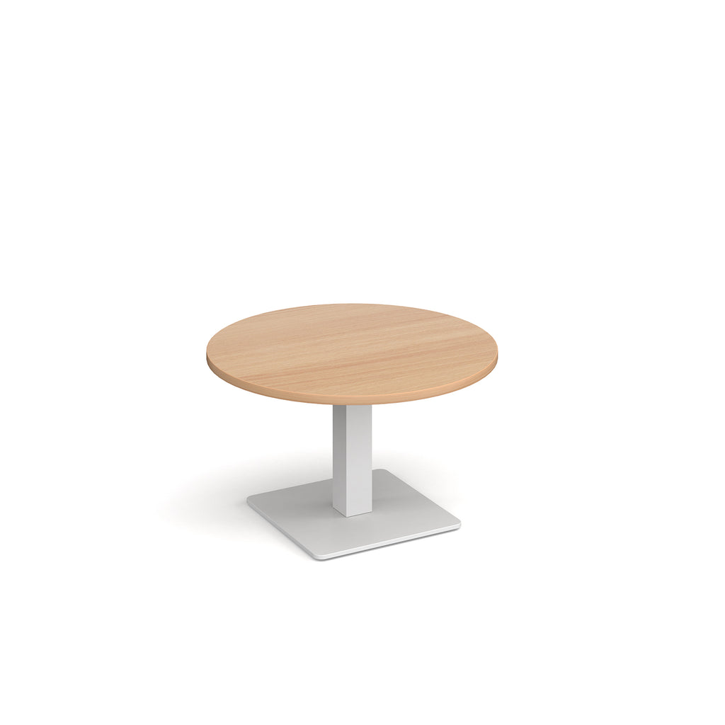 A modern round coffee table with a wood-effect top and a square white pedestal base, shown on a plain white background.