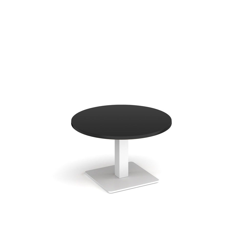 A modern round coffee table with a black top and a square white pedestal base, shown on a plain white background.