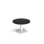 A modern round coffee table with a black top and a square white pedestal base, shown on a plain white background.