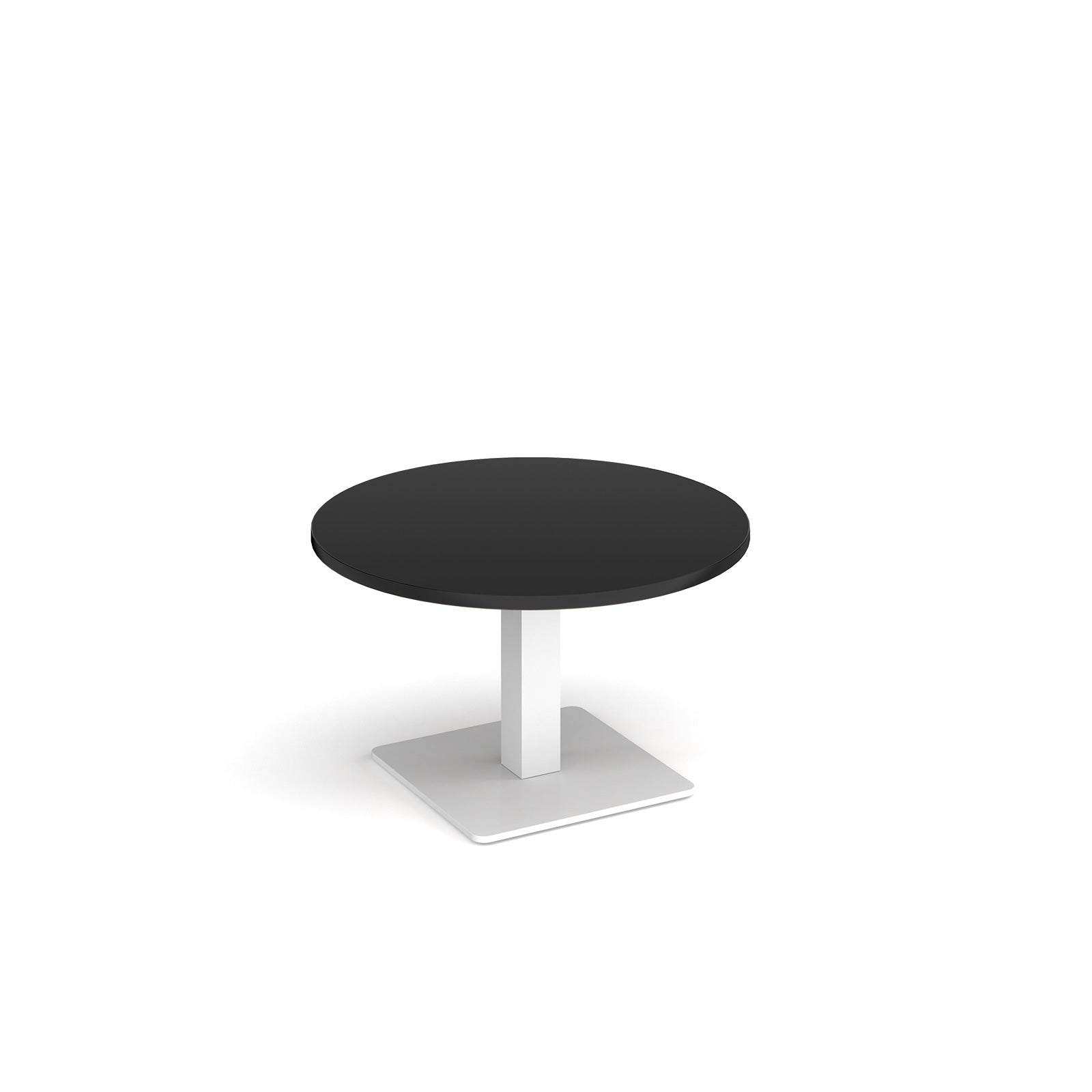 A modern round coffee table with a black top and a square white pedestal base, shown on a plain white background.
