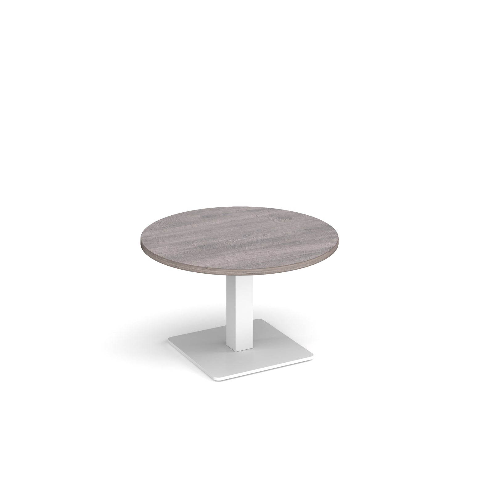 A modern round coffee table with a grey wood-effect top and a square white pedestal base, shown on a plain white background.