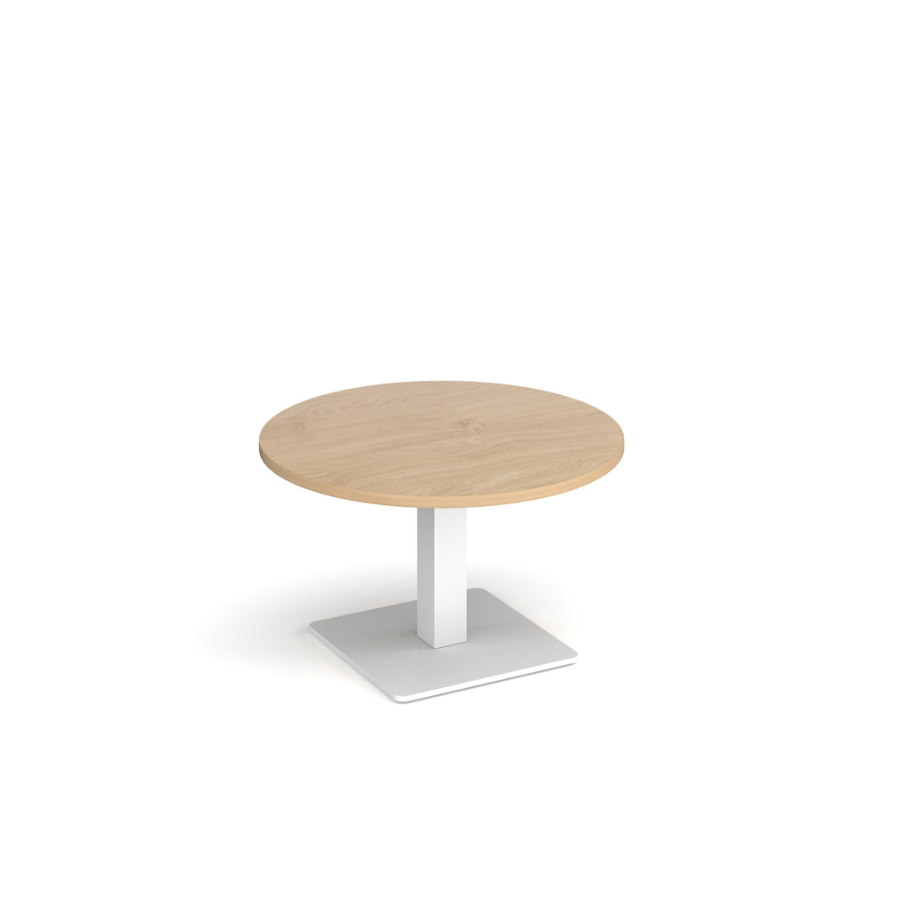 A modern round coffee table with a wood-effect top and a square white pedestal base, shown on a plain white background.
