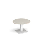 A modern round coffee table with a light grey top and a square white pedestal base, shown on a plain white background.