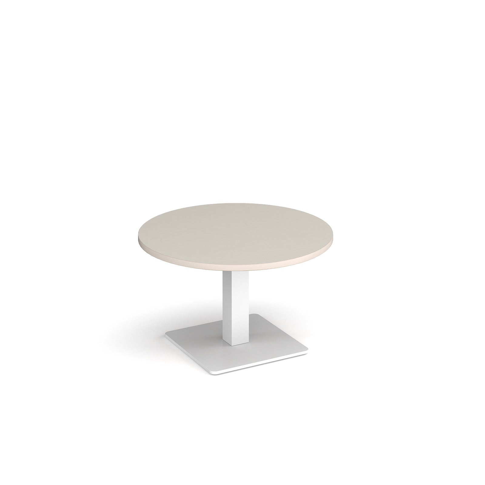 A modern round coffee table with a light grey top and a square white pedestal base, shown on a plain white background.