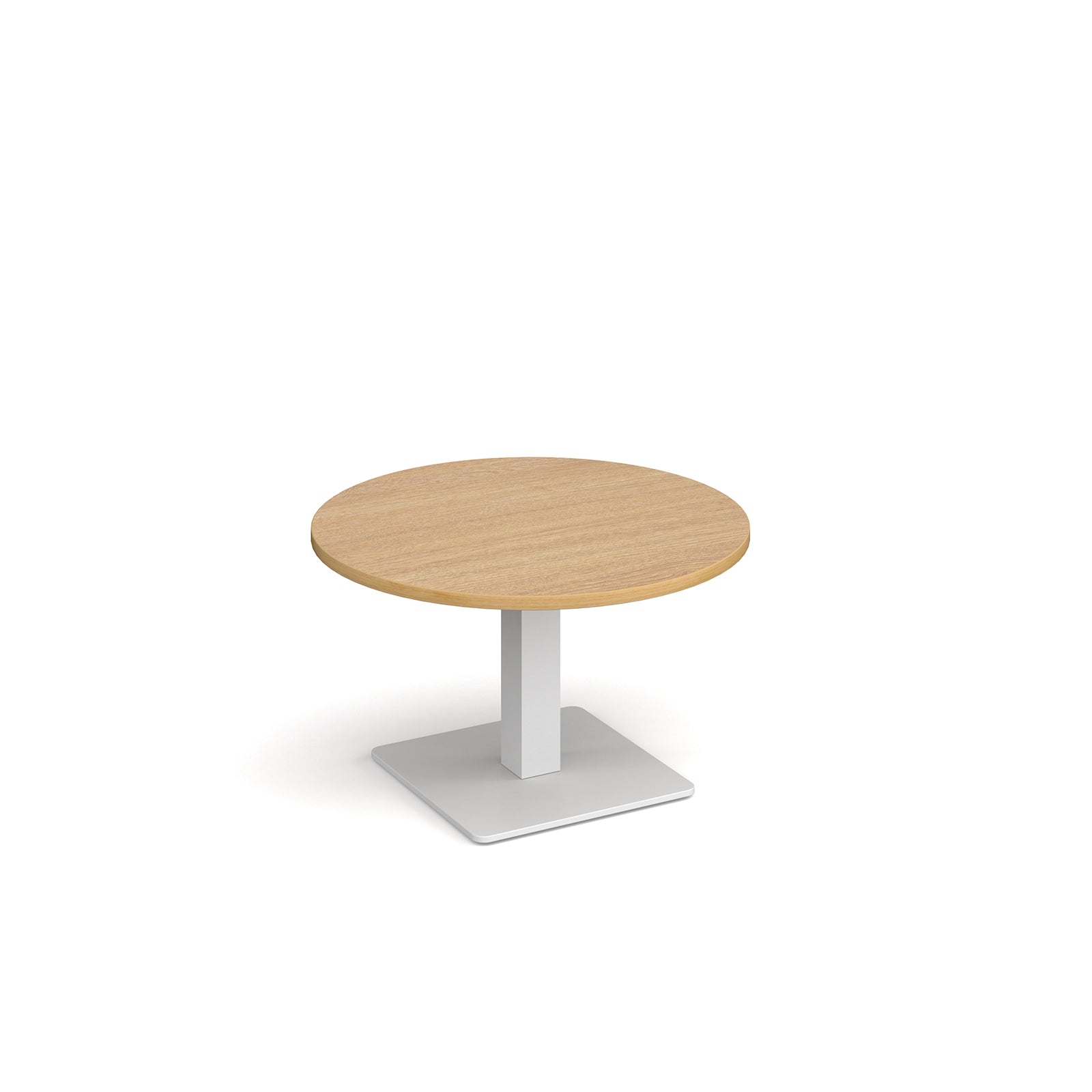 A modern round coffee table with a wood-effect top and a square white pedestal base, shown on a plain white background.