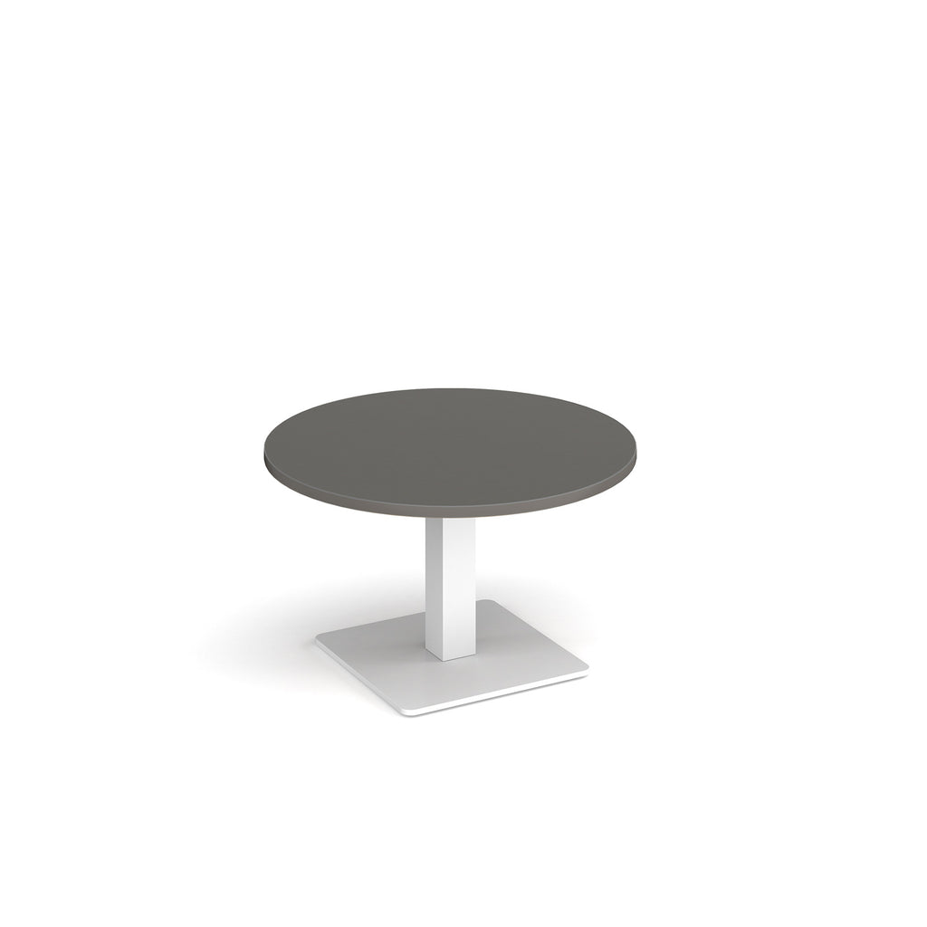 A modern round coffee table with a grey top and a square white pedestal base, shown on a plain white background.