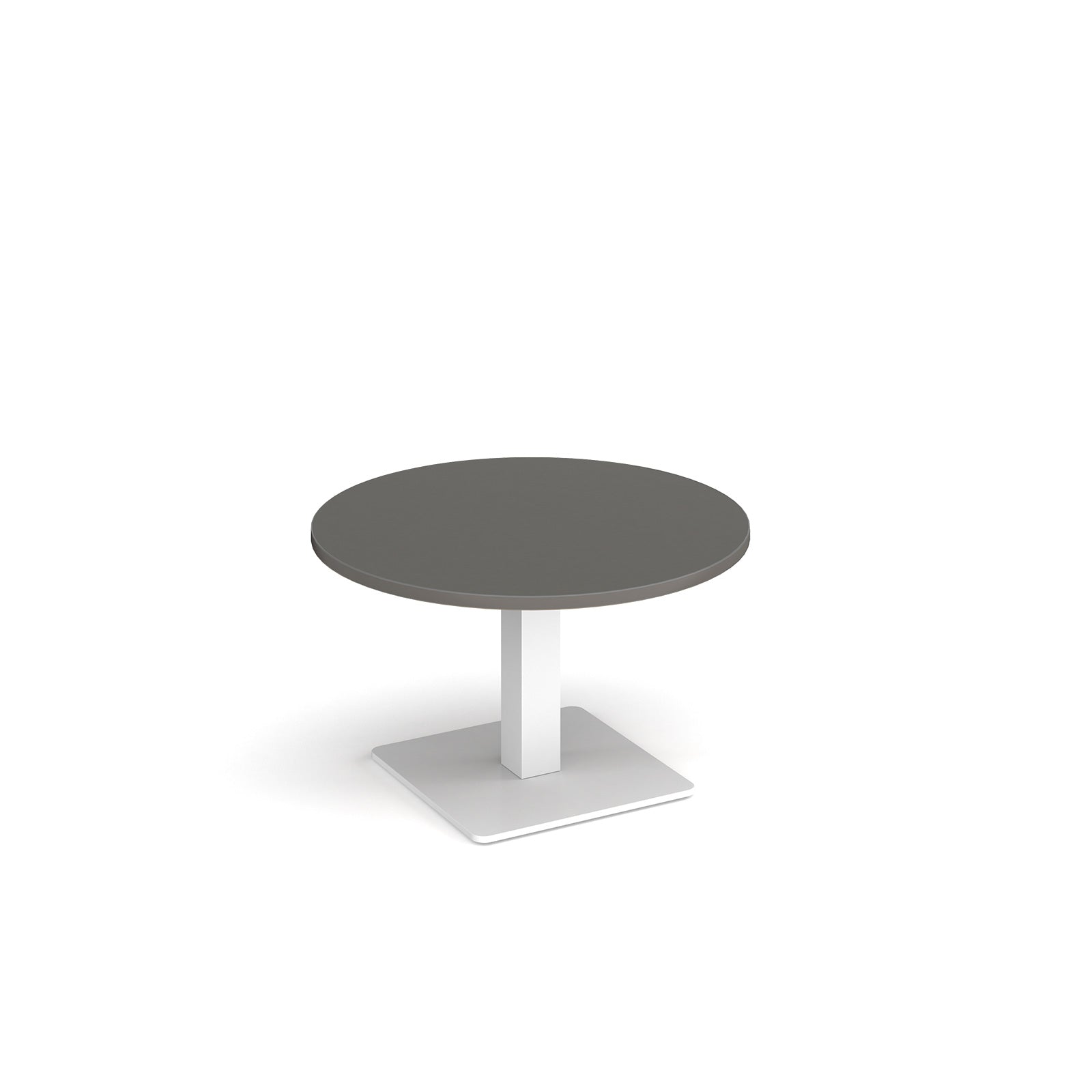 A modern round coffee table with a grey top and a square white pedestal base, shown on a plain white background.