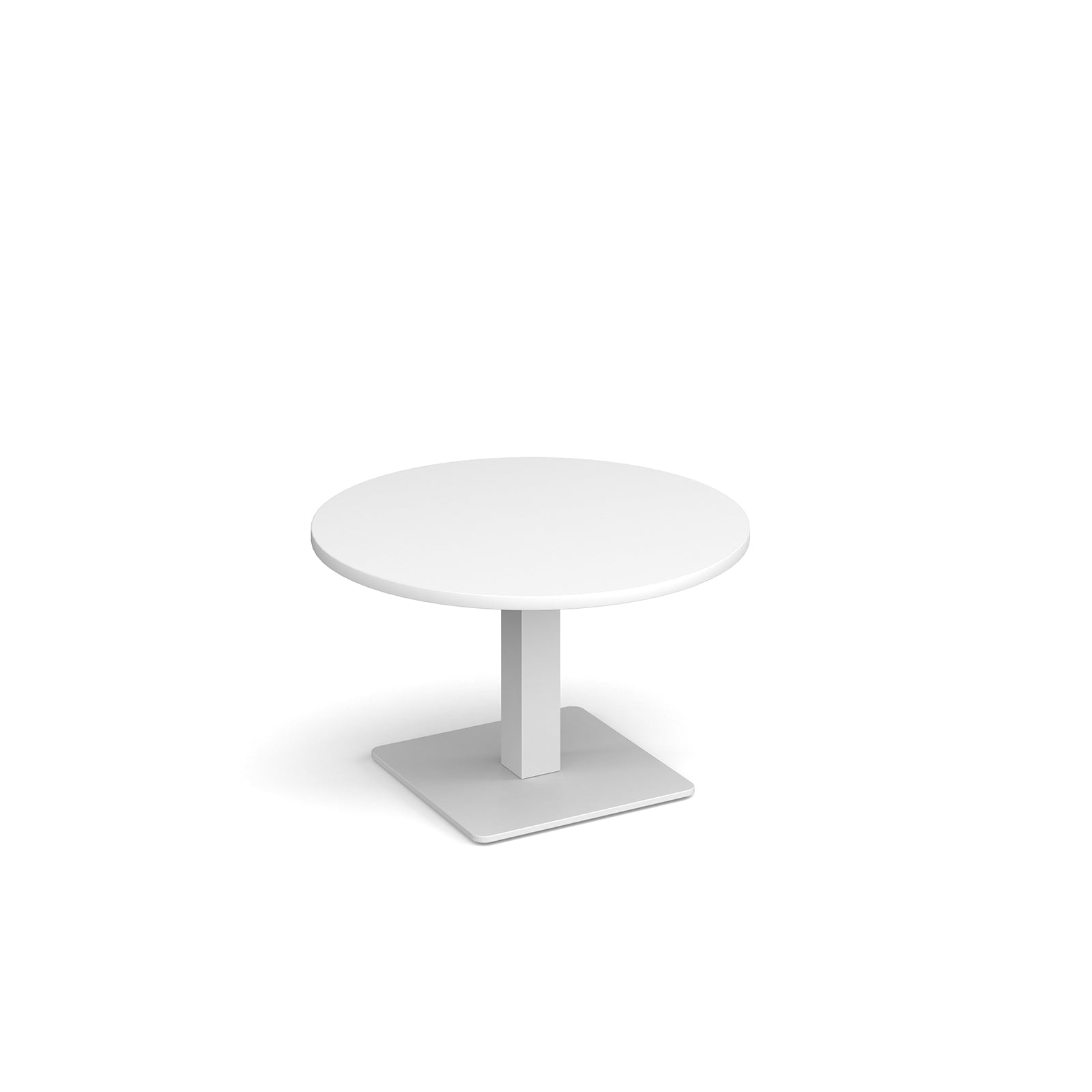 A minimalist round coffee table with a white circular tabletop and a square pedestal base, shown on a seamless white background.