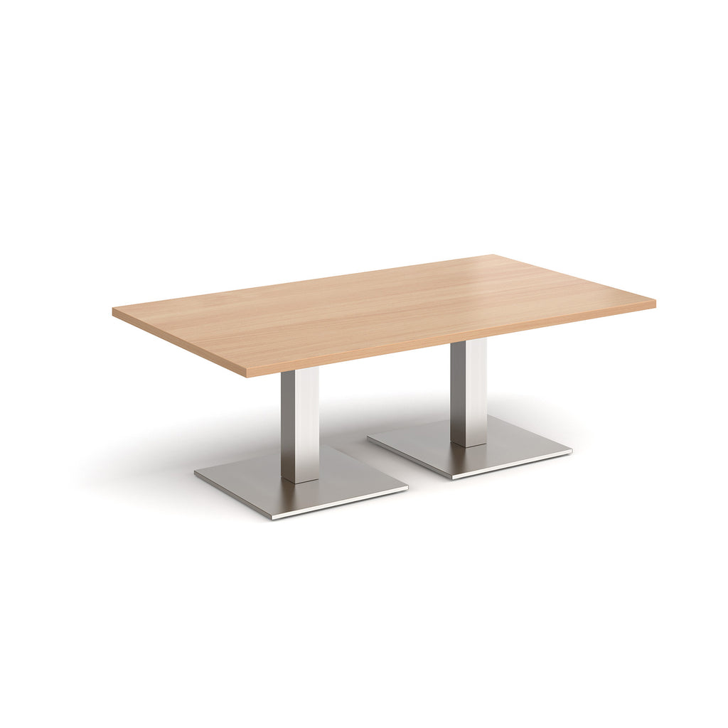 Rectangular coffee table with wood-effect top and two brushed steel metal square bases, shown on a white background