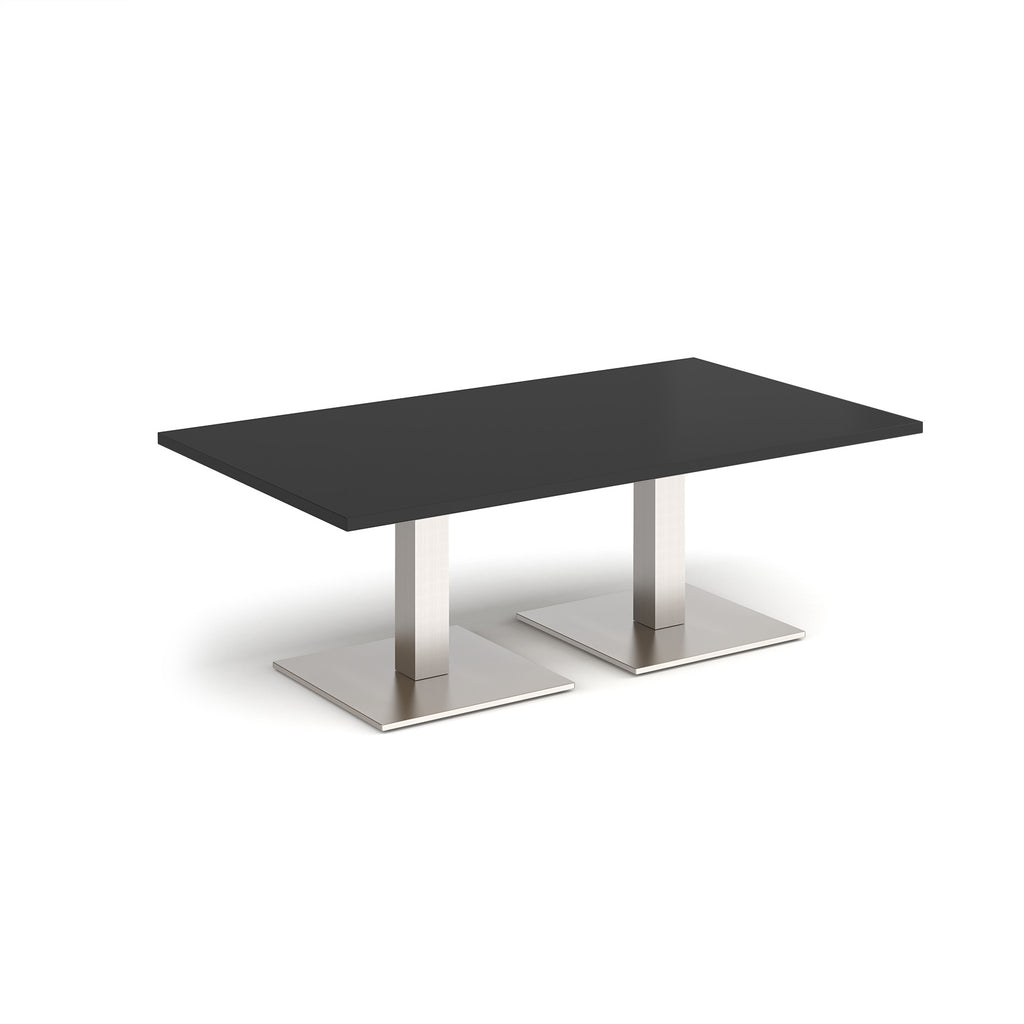 Rectangular coffee table with black top and two brushed steel metal square bases, shown on a white background
