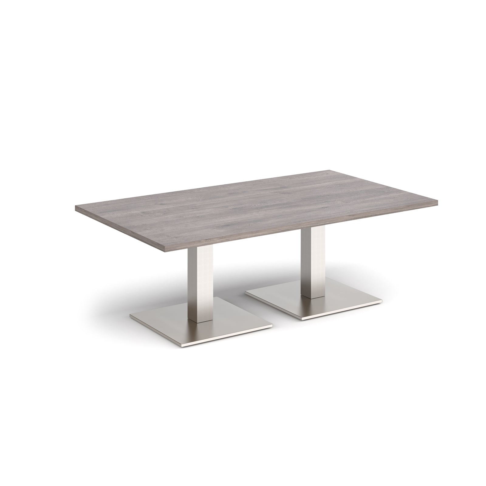 Rectangular coffee table with grey wood-effect top and two brushed steel metal square bases, shown on a white background