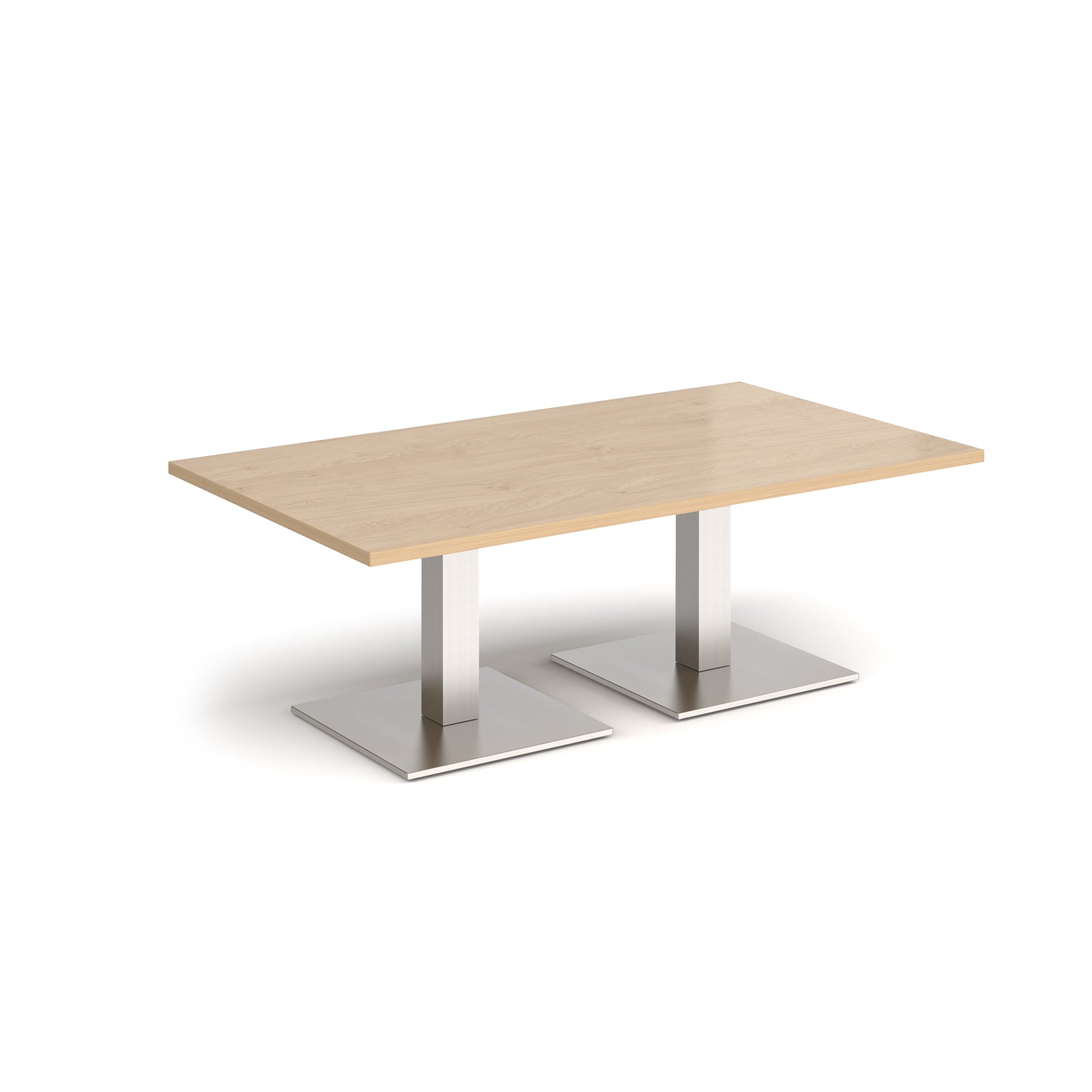 Rectangular coffee table with wood-effect top and two brushed steel metal square bases, shown on a white background