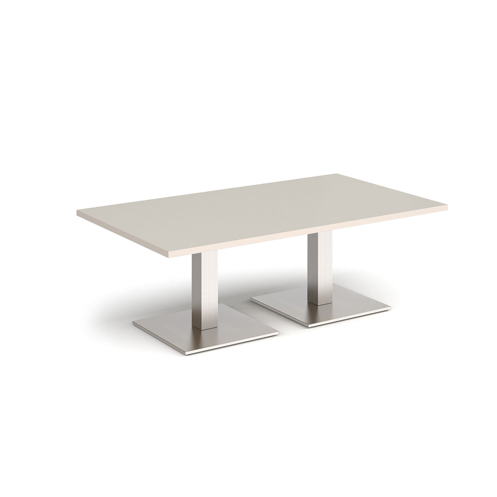 Rectangular coffee table with light grey top and two brushed steel metal square bases, shown on a white background
