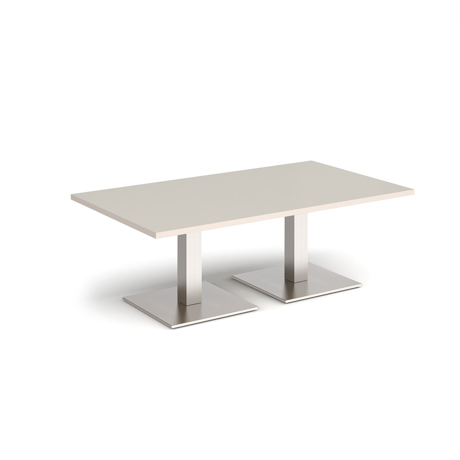 Rectangular coffee table with light grey top and two brushed steel metal square bases, shown on a white background