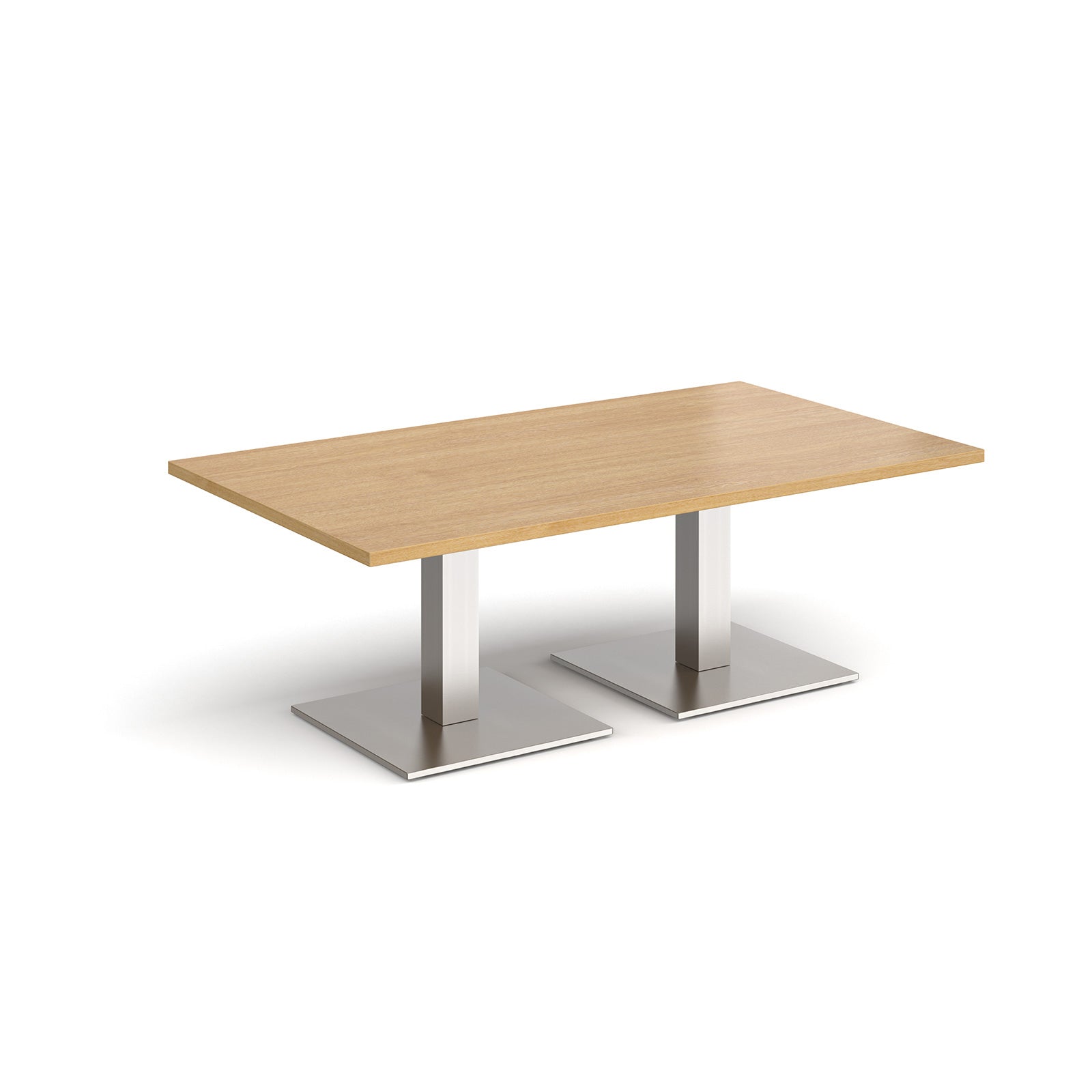 Rectangular coffee table with wood-effect top and two brushed steel metal square bases, shown on a white background