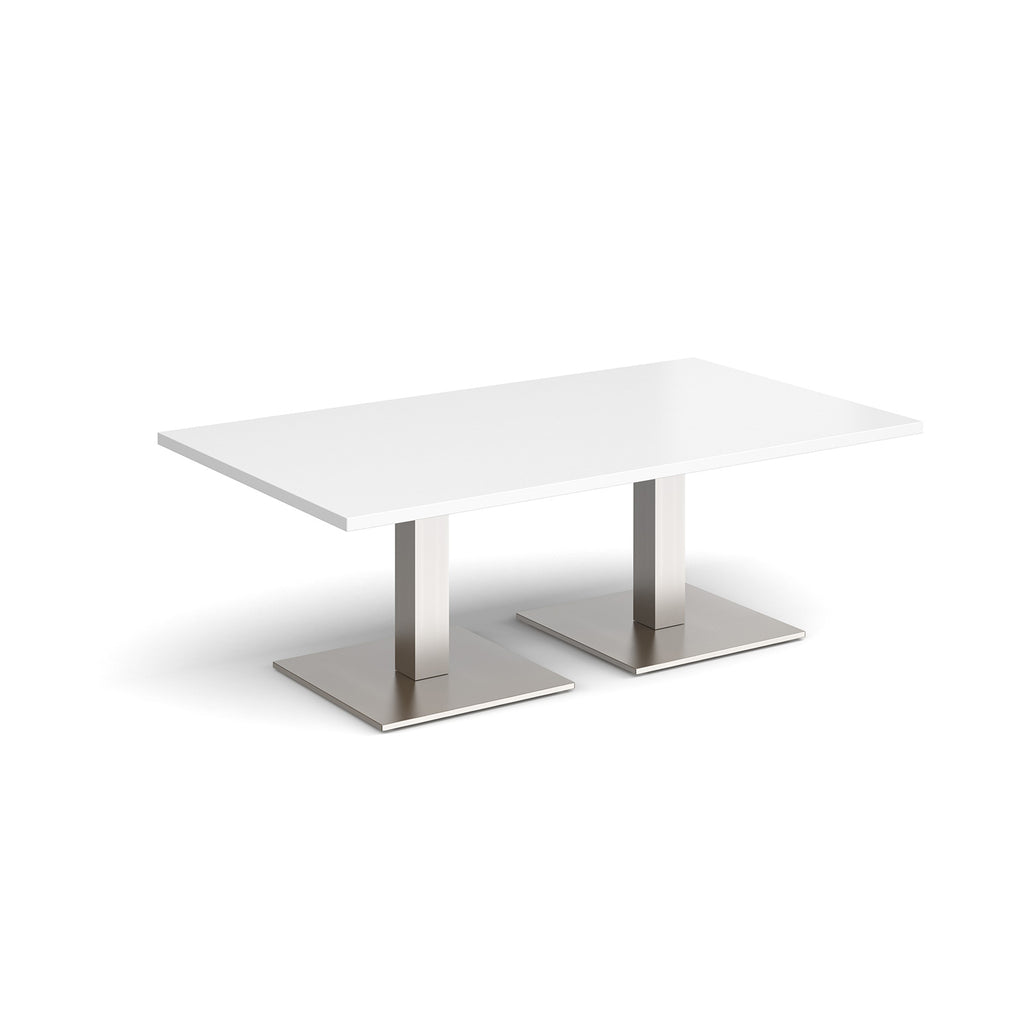 Rectangular coffee table with white top and two brushed steel metal square bases, shown on a white background