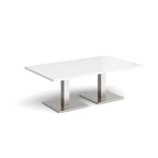 Rectangular coffee table with white top and two brushed steel metal square bases, shown on a white background