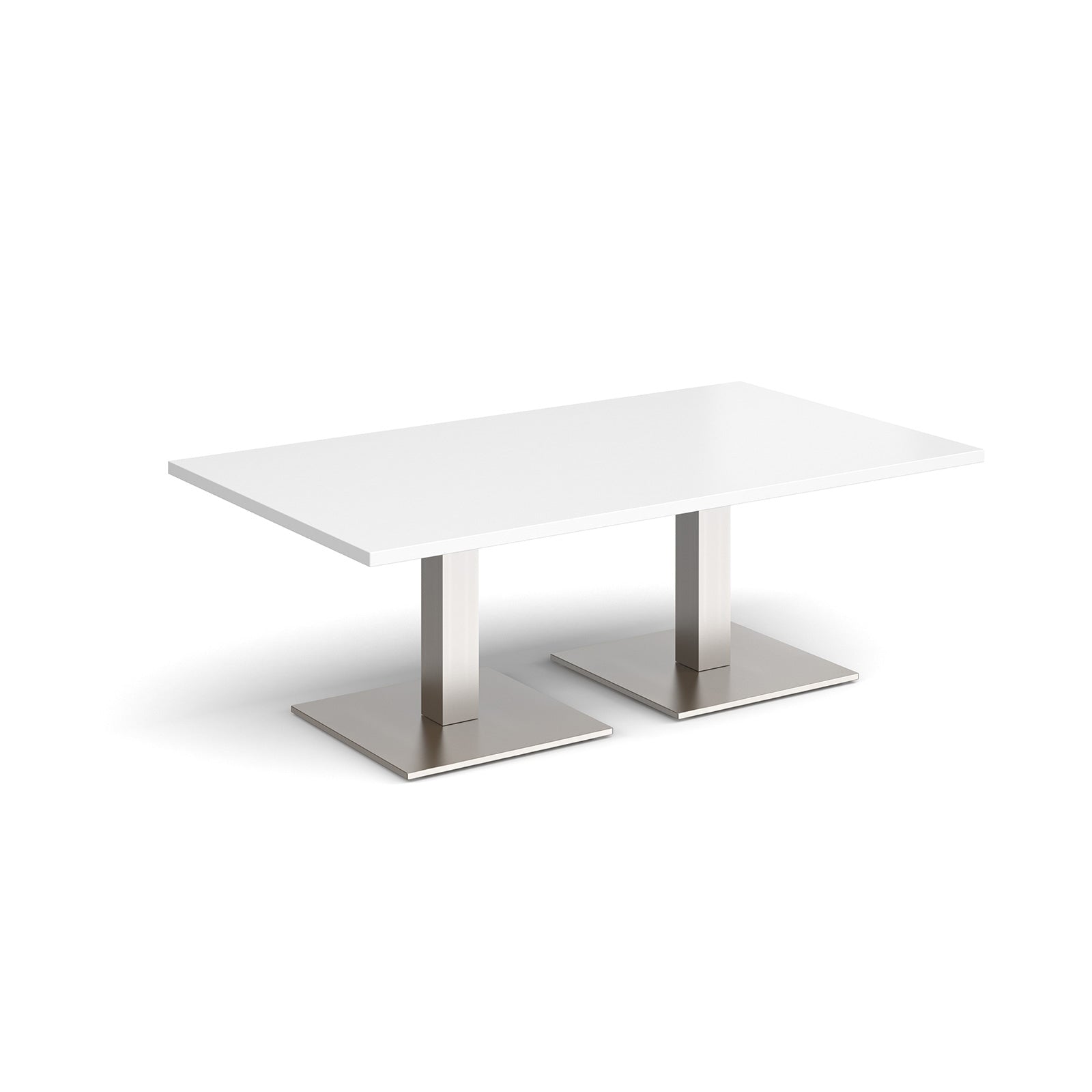 Rectangular coffee table with white top and two brushed steel metal square bases, shown on a white background