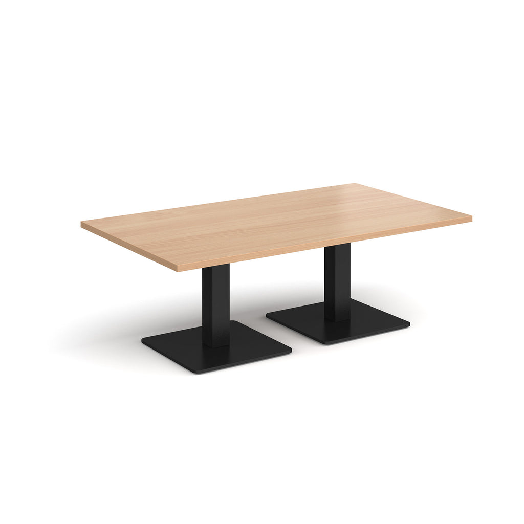 Rectangular coffee table with wood-effect top and two black metal square bases, shown on a white background
