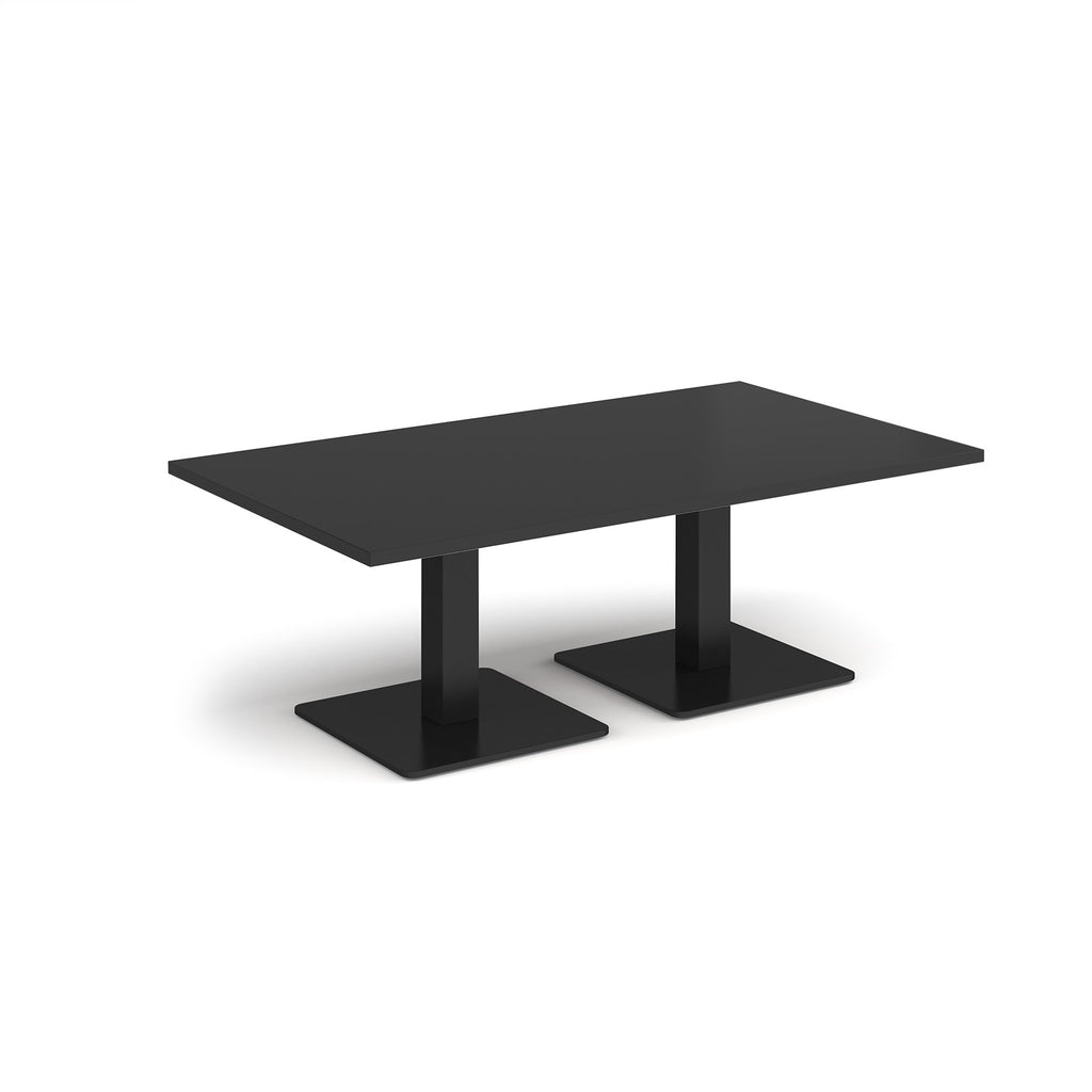 Black rectangular coffee table with metal square bases, shown on a white background