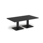 Black rectangular coffee table with metal square bases, shown on a white background