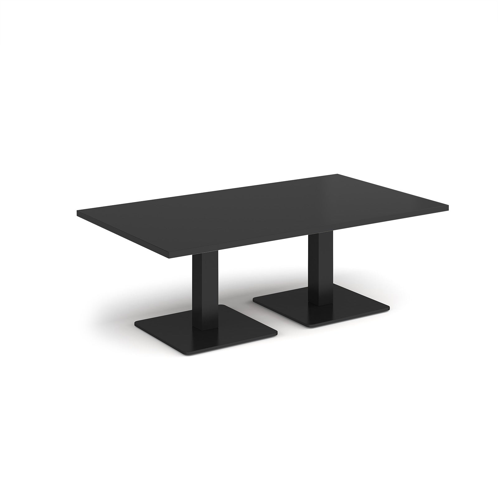 Black rectangular coffee table with metal square bases, shown on a white background