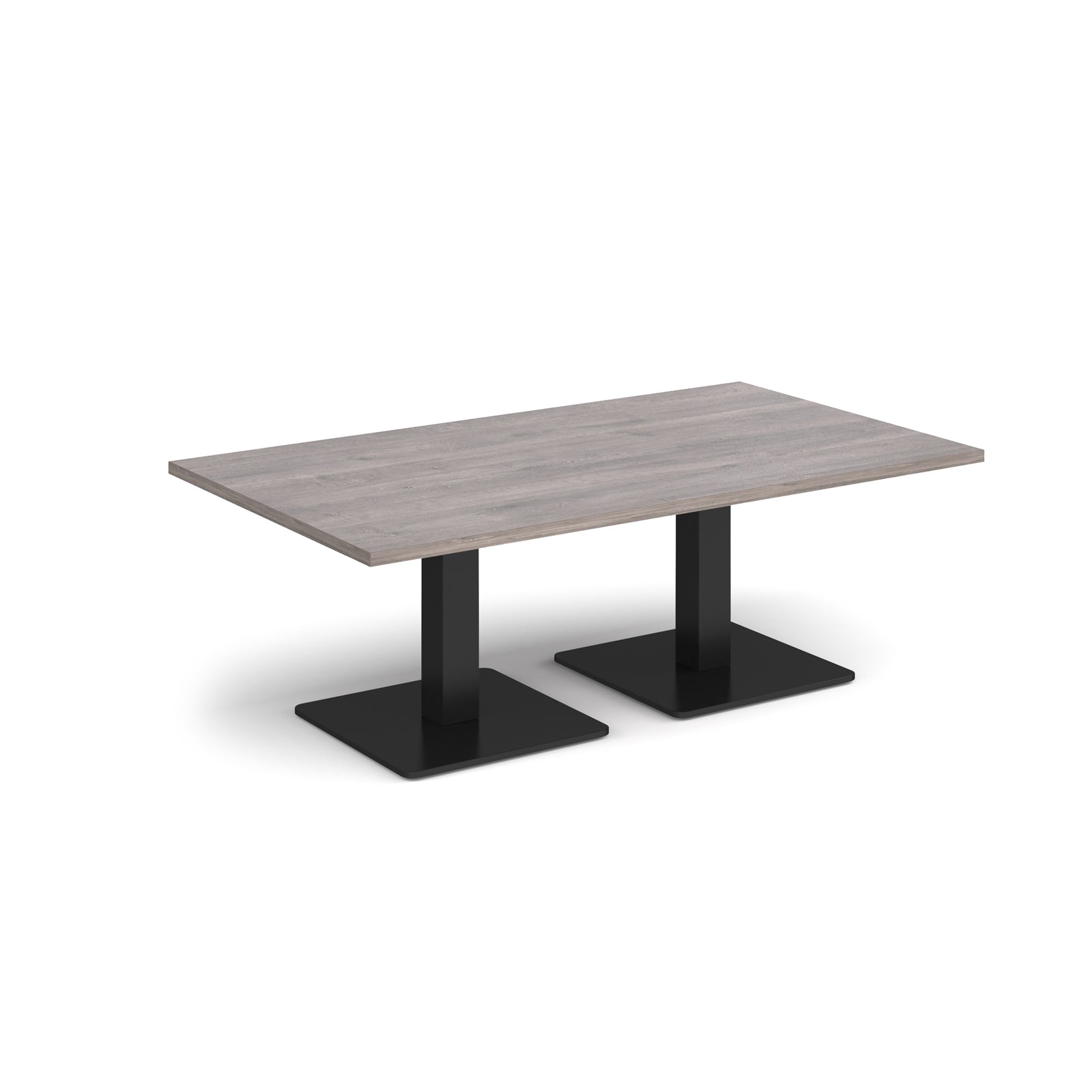 Rectangular coffee table with grey wood-effect top and two black metal square bases, shown on a white background