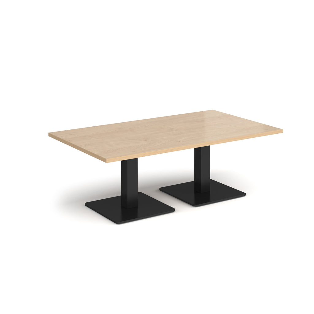 Rectangular coffee table with wood-effect top and two black metal square bases, shown on a white background