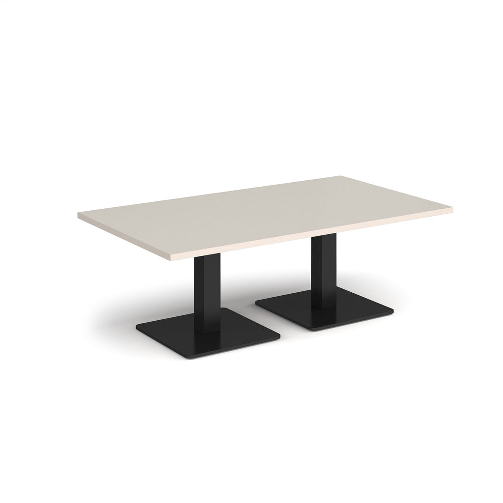 Rectangular coffee table with light grey top and two black metal square bases, shown on a white background