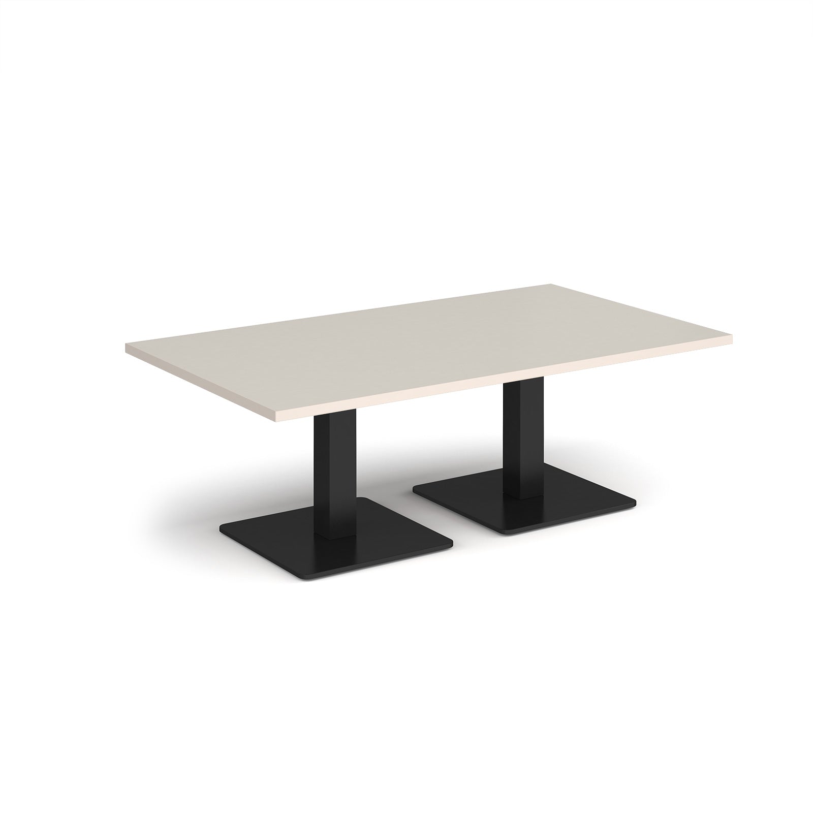 Rectangular coffee table with light grey top and two black metal square bases, shown on a white background