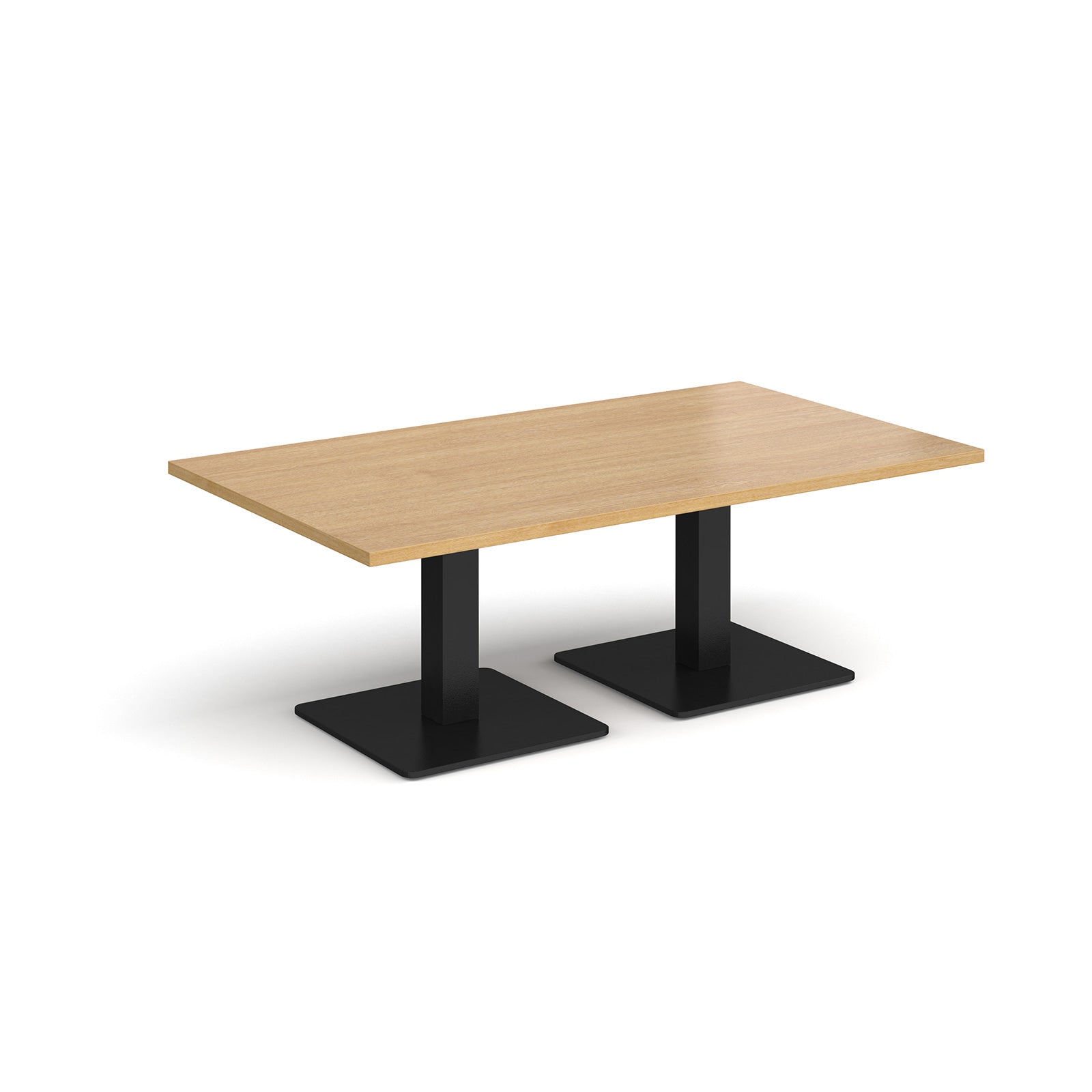 Rectangular coffee table with wood-effect top and two black metal square bases, shown on a white background