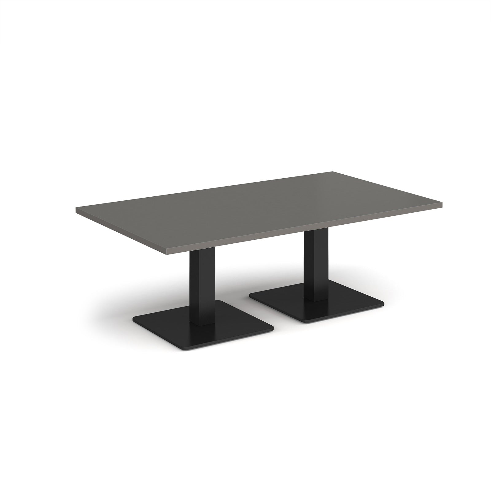 Rectangular coffee table with grey top and two black metal square bases, shown on a white background
