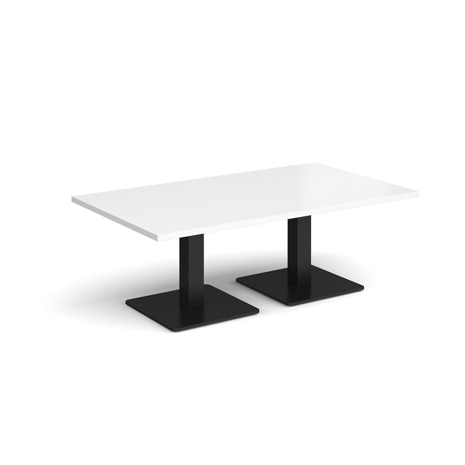 Rectangular coffee table with white top and two black metal square bases, shown on a white background