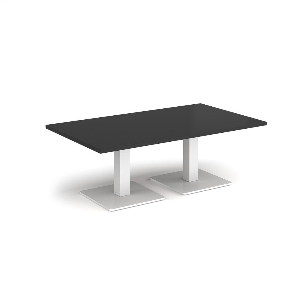 Rectangular coffee table with black top and two white metal square bases, shown on a white background