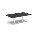 Rectangular coffee table with black top and two white metal square bases, shown on a white background