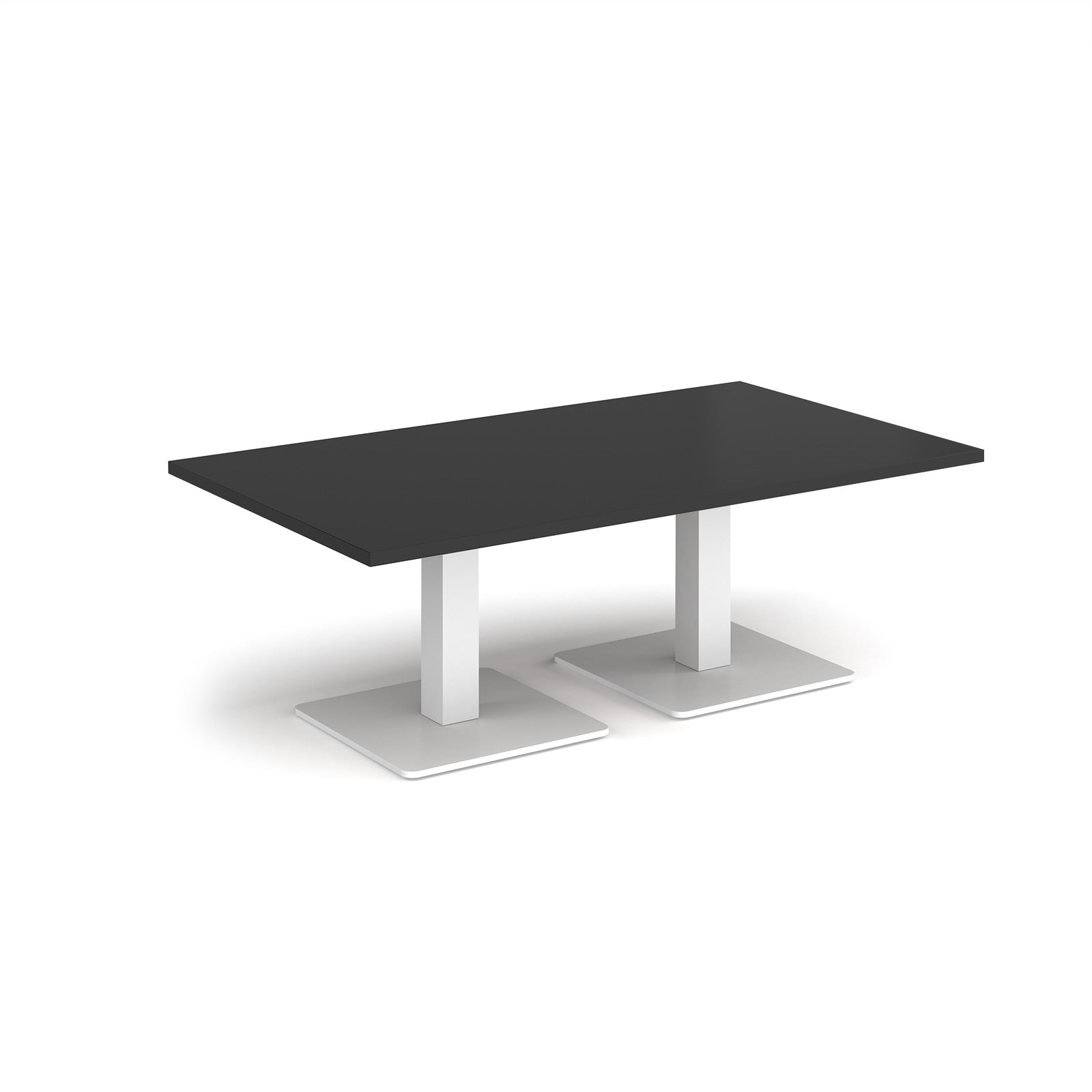 Rectangular coffee table with black top and two white metal square bases, shown on a white background