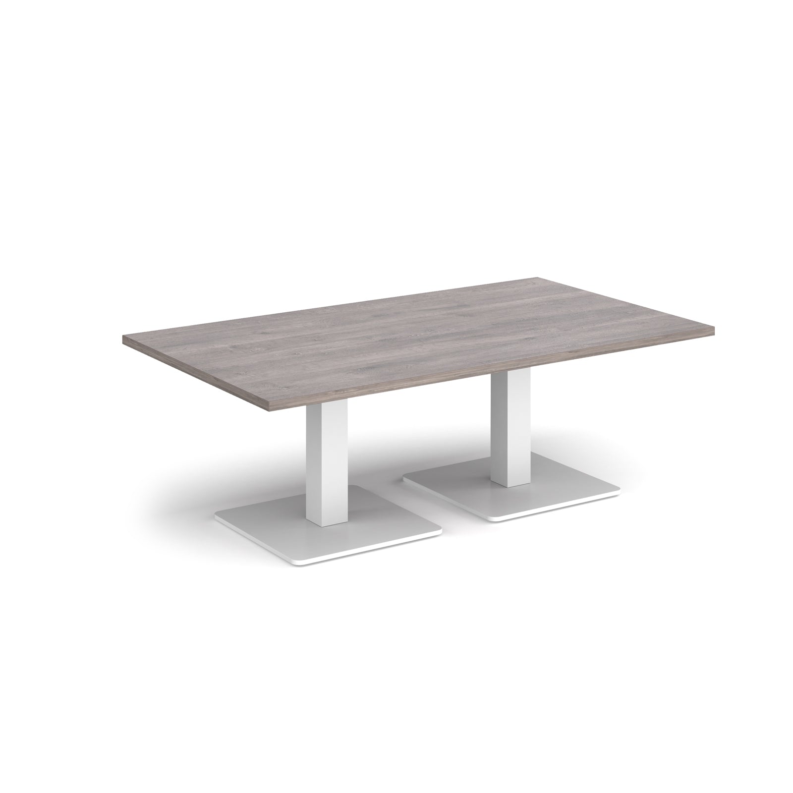 Rectangular coffee table with grey wood-effect top and two white metal square bases, shown on a white background