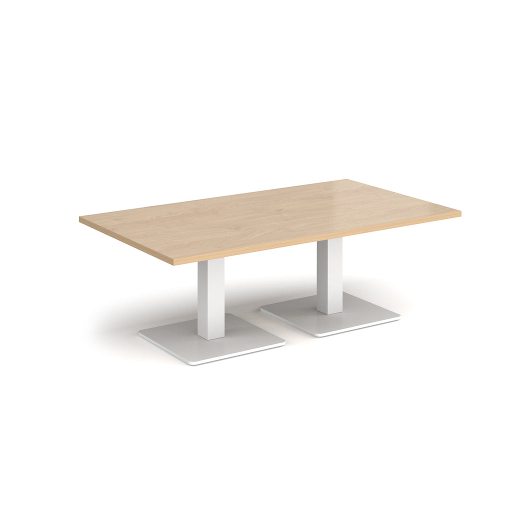 Rectangular coffee table with wood-effect top and two white metal square bases, shown on a white background