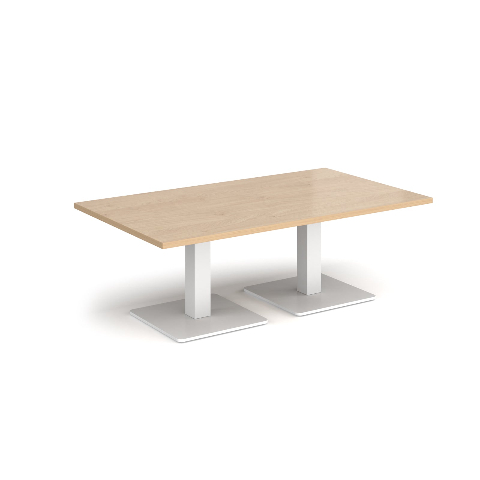 Rectangular coffee table with wood-effect top and two white metal square bases, shown on a white background