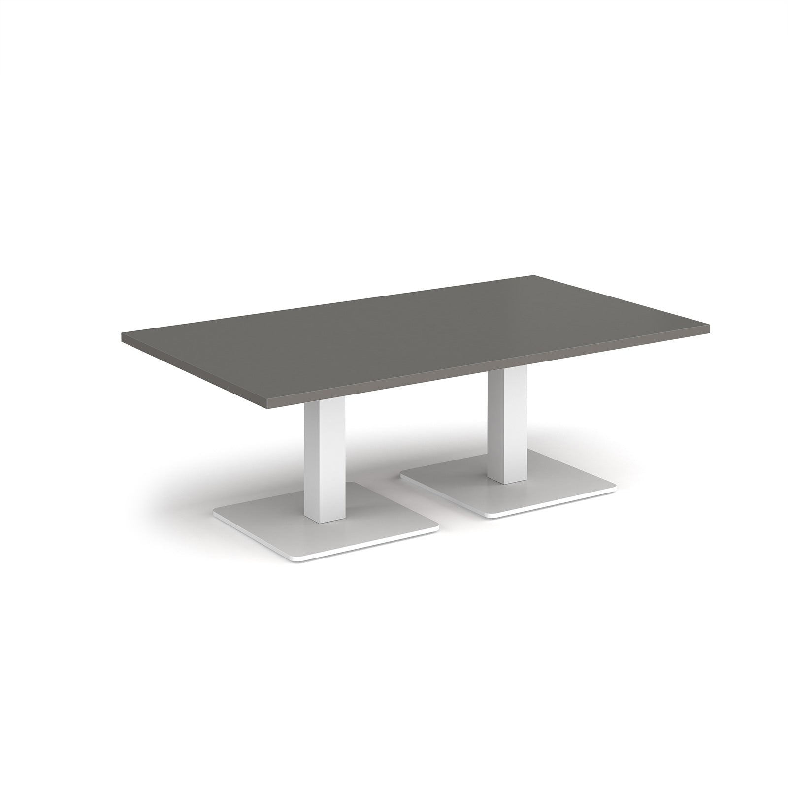 Rectangular coffee table with grey top and two white metal square bases, shown on a white background