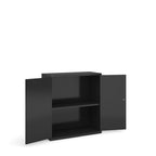 A black metal storage cabinet with two doors swung open to reveal two interior shelves, shown on a plain white background.