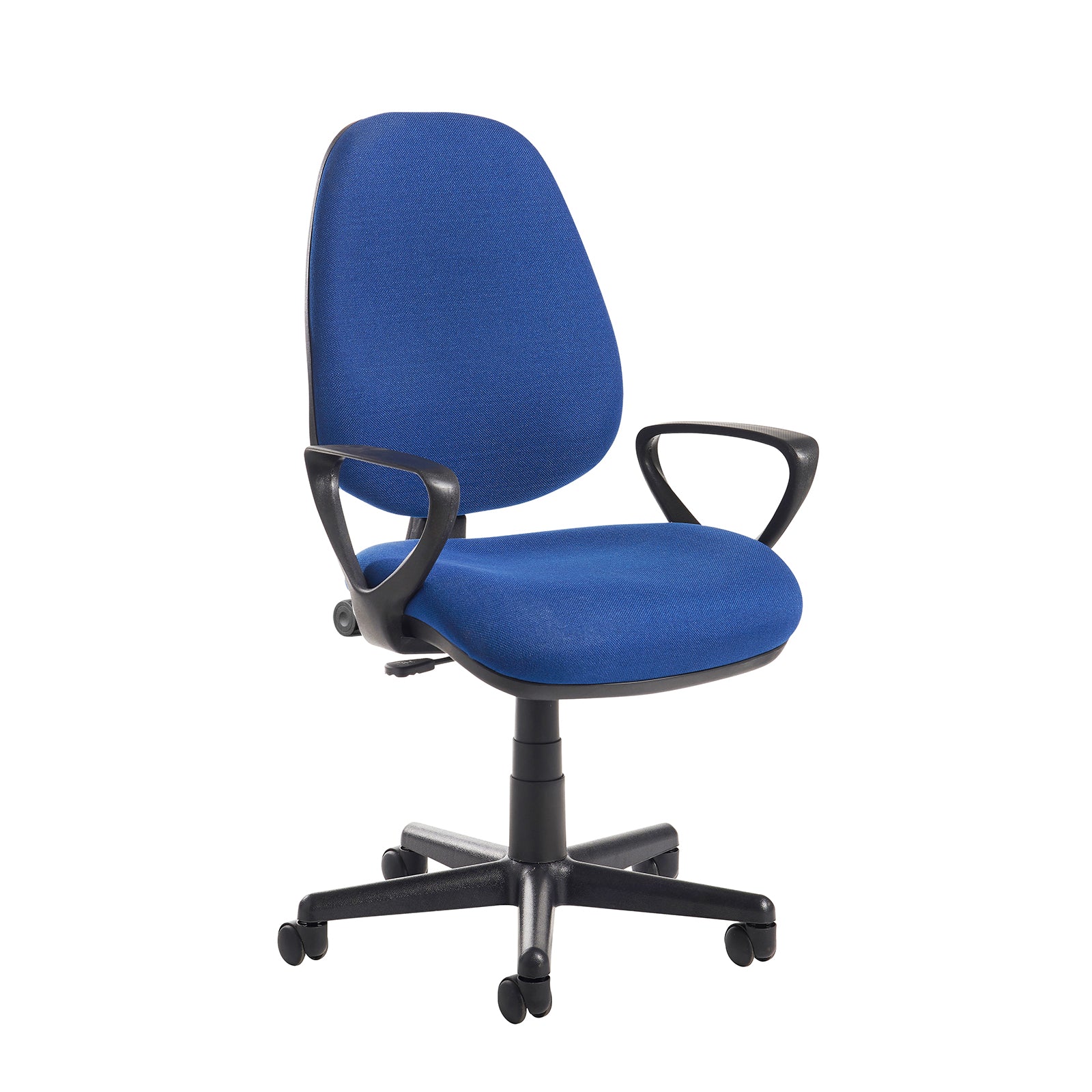Blue office chair with black armrests and base on a white background