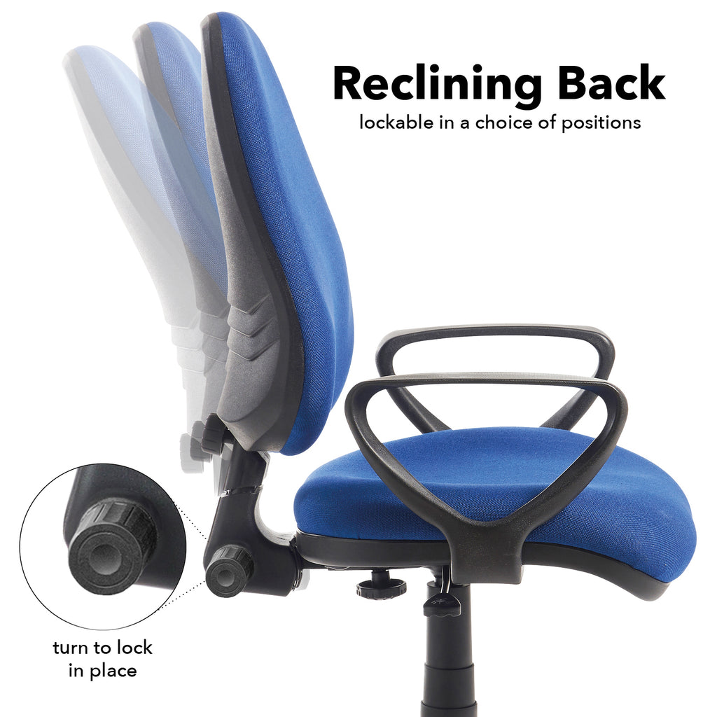Blue office chair with reclining back feature on a white background